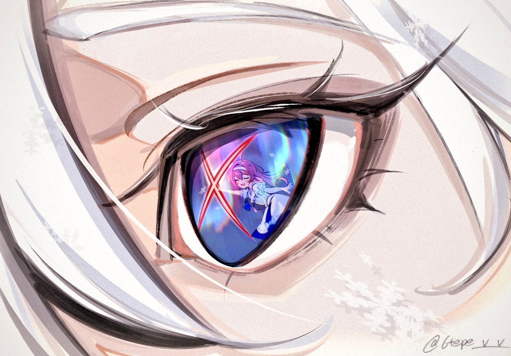 2girls, 6tepe_v_v, ahoge, arlecchino_(genshin_impact), arm_up, artist_name, aura, bare_shoulders, black_hair, blue_eyes, blue_sky, blush, clervie_(genshin_impact), closed_eyes, dress, eye_focus, eye_reflection, eyelashes, genshin_impact, hair_between_eyes, hairband, long_hair, looking_at_another, multicolored_hair, multiple_girls, night, night_sky, off-shoulder_dress, off_shoulder, open_mouth, outdoors, puffy_short_sleeves, puffy_sleeves, purple_hair, reflection, short_hair, short_sleeves, sky, smile, snowflakes, standing, symbol-shaped_pupils, two-tone_hair, white_dress, white_hair, white_hairband, x-shaped_pupils