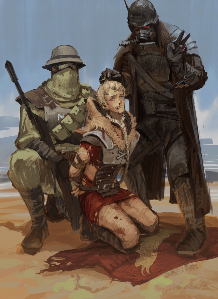3boys, absurdres, armor, blonde_hair, blood, blood_on_face, blood_on_hands, boots