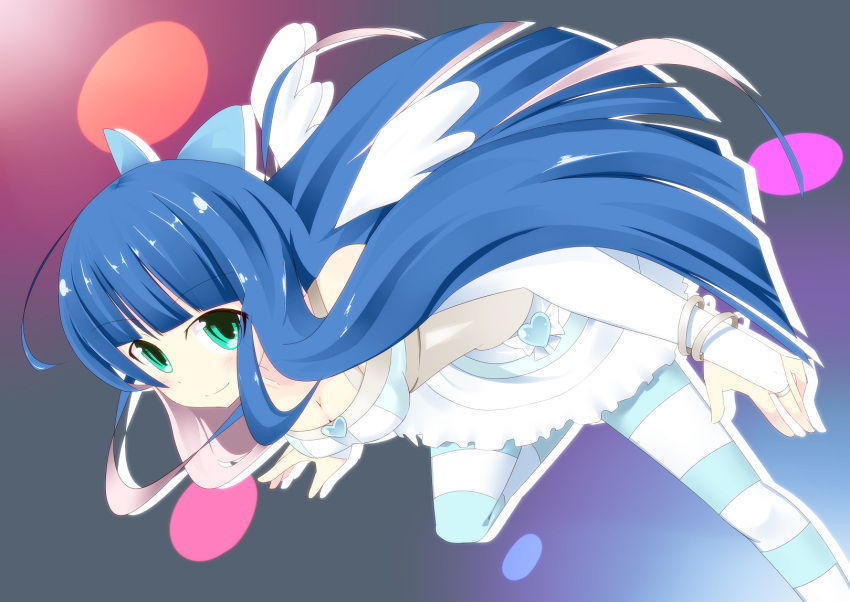 alternate_costume, blue_eyes, blue_hair, bow, breasts, bridal_gauntlets, cleavage, hair_bow