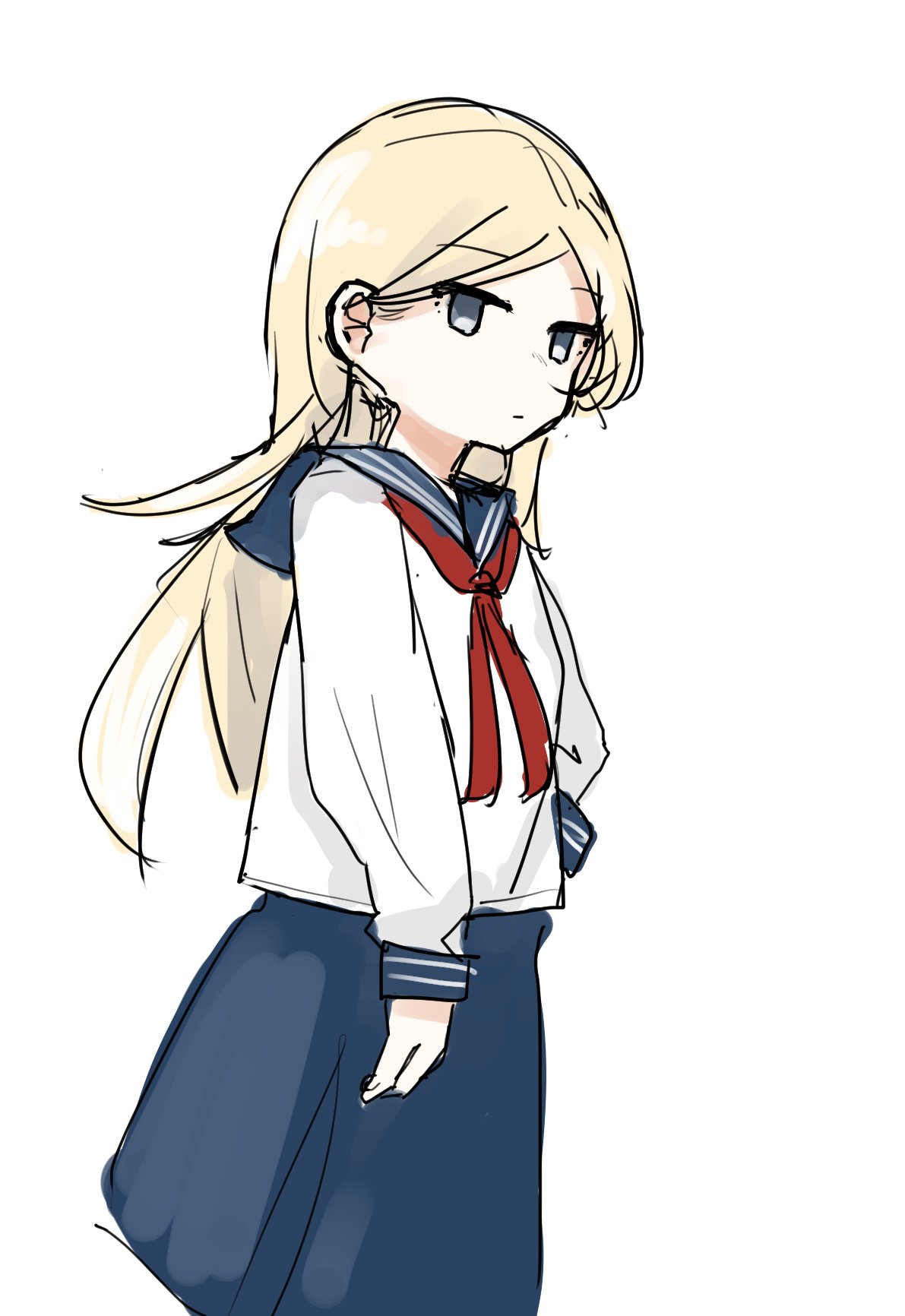 1girl, blonde_hair, blue_sailor_collar, blue_skirt, commentary, doroni_max, grey_eyes, highres