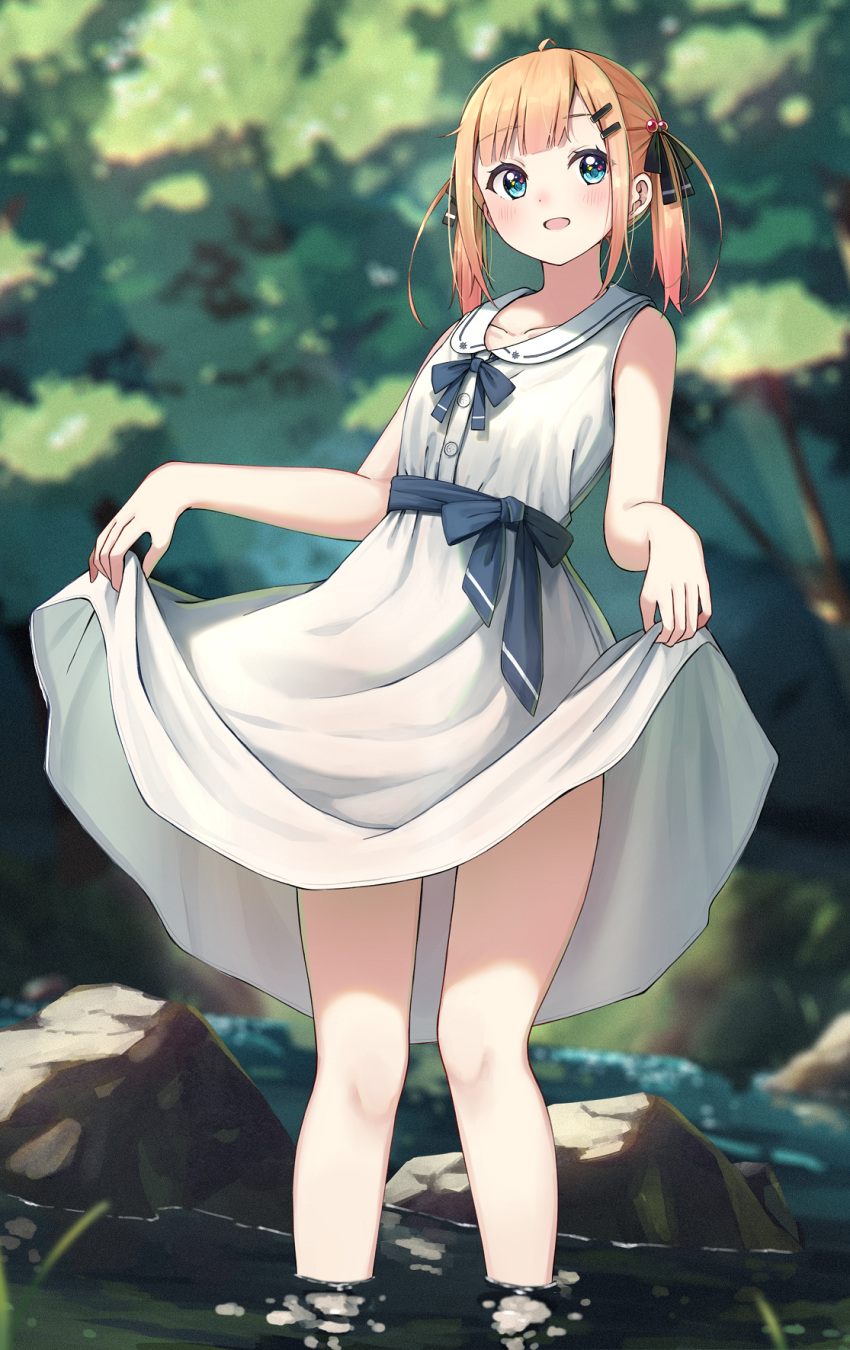1girl, :d, black_bow, black_ribbon, blonde_hair, blue_eyes, blurry, blurry_background