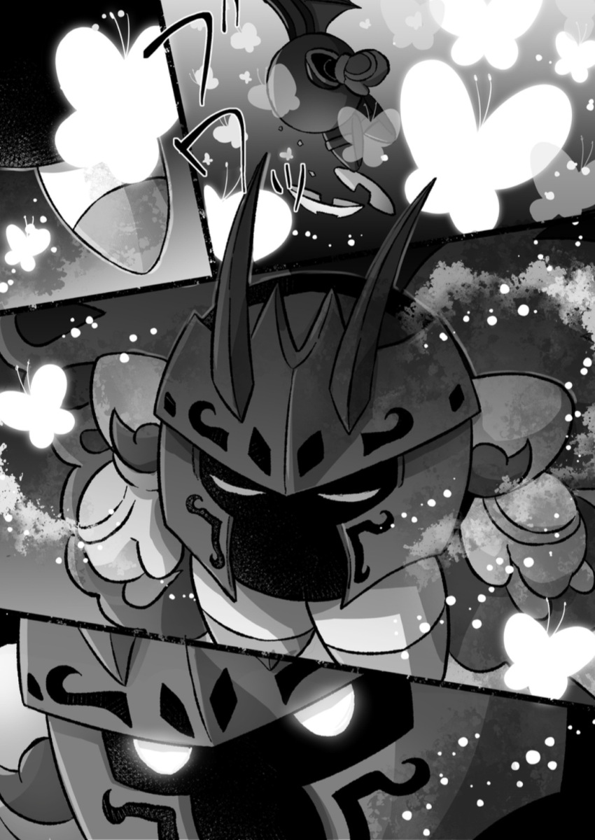 1boy, butterfly, butterfly_wings, comic, footwear, gloves, greyscale, hakushinanashi, insect_wings, kirby_(series), male_focus, mask, meta_knight, morpho_knight, morpho_knight_(butterfly), shoulder_armor, wings