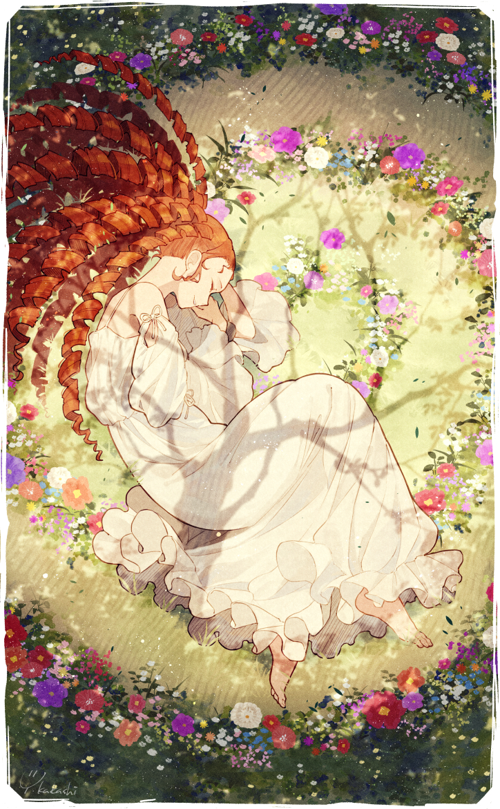 1girl, arm_pillow, bare_shoulders, barefoot, closed_eyes, closed_mouth, dappled_sunlight, dress