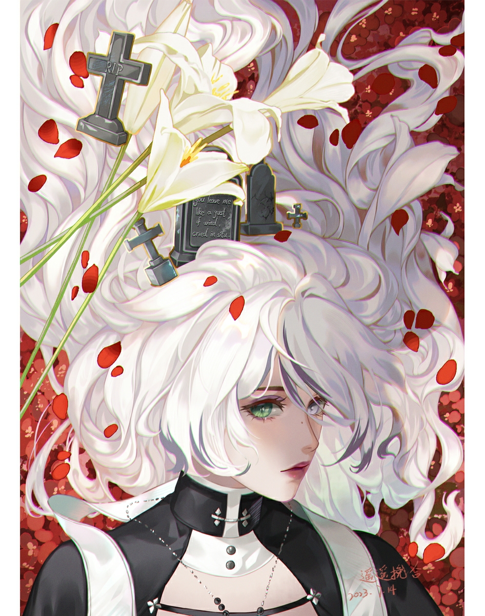 1girl, dated, eyeliner, facing_to_the_side, falling_petals, flower, green_eyes, grey_eyes