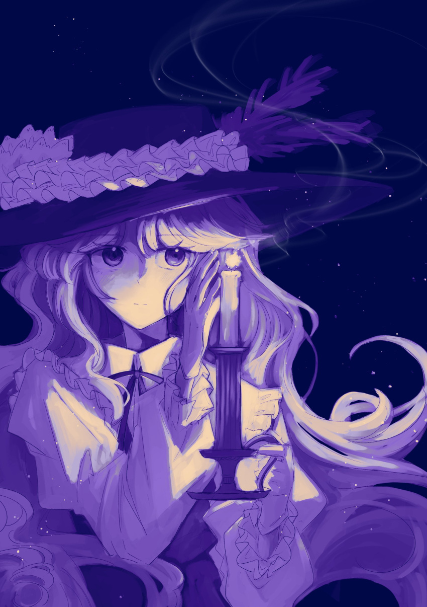 1girl, absurdres, blue_background, candle, candlestand, expressionless, frilled_hat, frilled_sleeves
