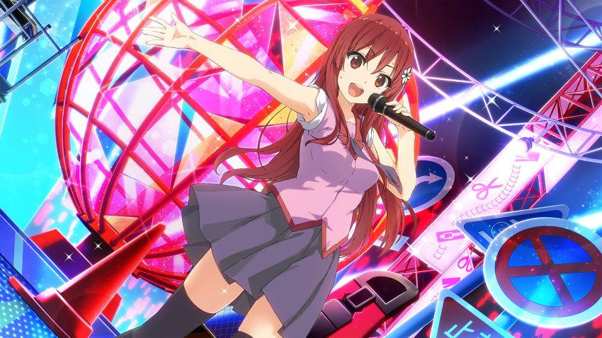 1girl, 22/7, 22/7_ongaku_no_jikan, black_thighhighs, boxcutter, cosplay, cowboy_shot, desk