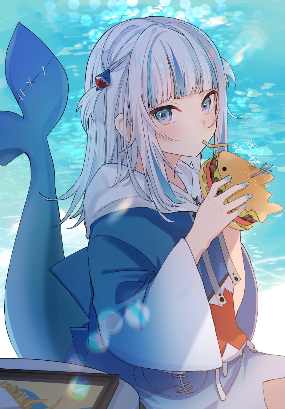 1girl, blue_eyes, blue_hair, blue_hoodie, blue_nails, blunt_bangs, burger, eating