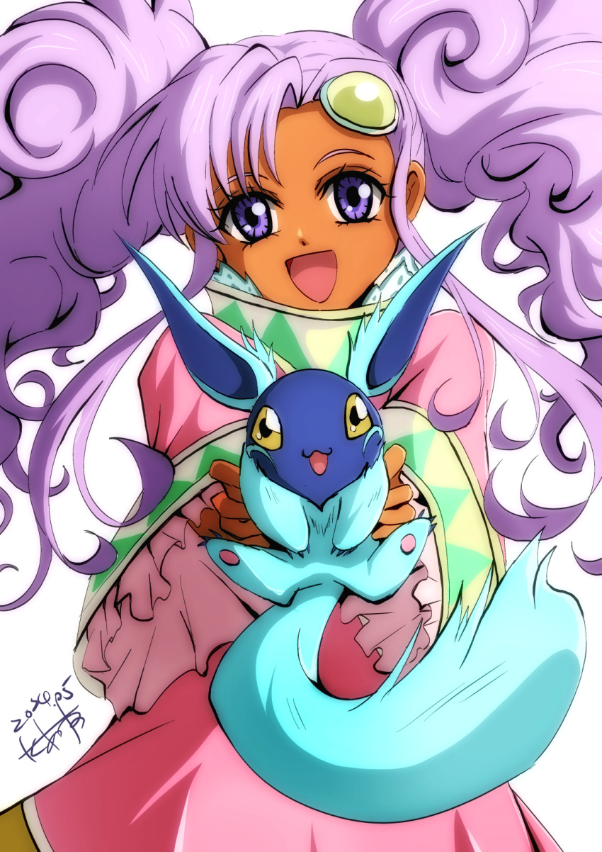 1girl, akane_kazami, commentary, creature, dark-skinned_female, dark_skin, dated, dress, forehead_jewel, frilled_sleeves, frills, highres, holding, holding_creature, long_hair, looking_at_viewer, meredy_(tales), open_mouth, pet, pink_dress, purple_hair, quickie_(tales), smile, tales_of_(series), tales_of_eternia, twintails, violet_eyes, white_background