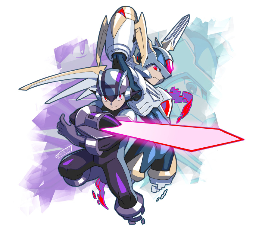 2022, 2boys, android, arm_cannon, arm_up, armor, artist_name, blue_armor