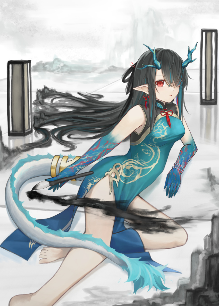 1girl, absurdres, arknights, black_hair, china_dress, chinese_clothes, dragon_girl, dragon_horns