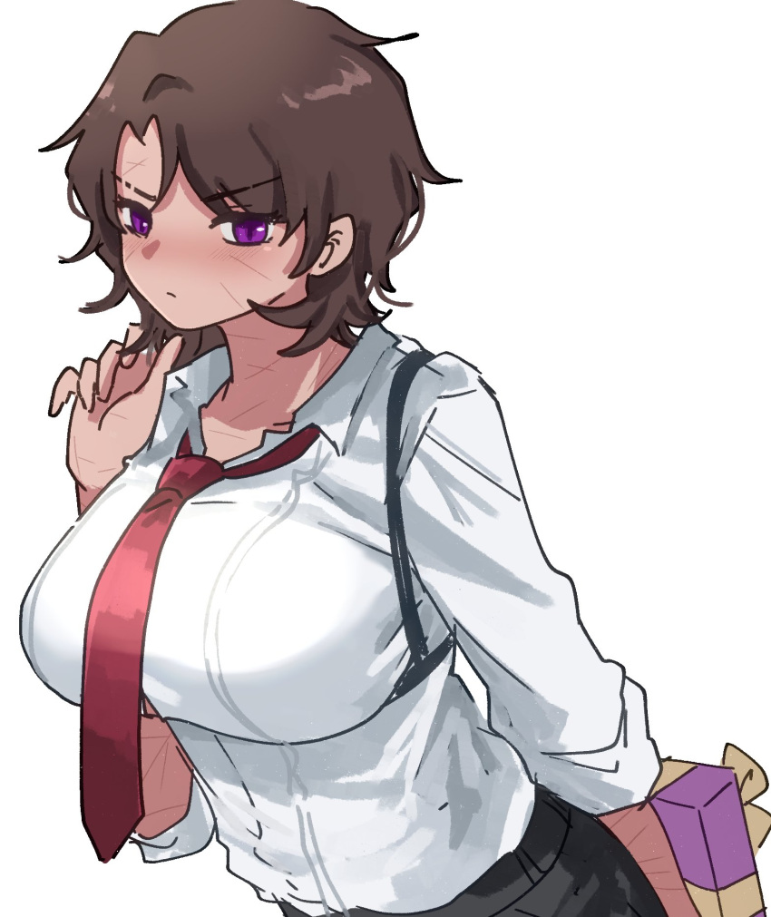 1girl, blush, breasts, brown_hair, chest_harness, closed_mouth, collared_shirt, gift