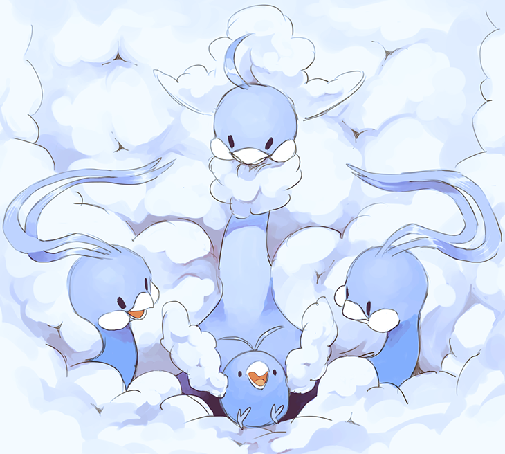 altaria, animal_focus, bird, black_eyes, closed_mouth, clouds, commentary, cuddling
