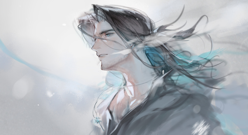 1boy, arknights, black_hair, brown_hair, facial_hair, hair_between_eyes, highres, long_hair