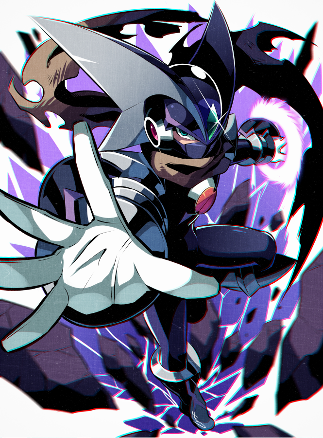 1boy, bass.exe_(mega_man), black_bodysuit, bodysuit, cloak, double_soul_(mega_man), emblem, energy_weapon, fins, forehead_jewel, gloves, green_eyes, ground_shatter, head_fins, helmet, leg_up, looking_at_viewer, male_focus, mask, mcnr, mega_man_(series), mega_man_battle_network_(series), mega_man_battle_network_5, megaman.exe, mouth_mask, netnavi, outstretched_arm, outstretched_hand, purple_background, solo, standing, standing_on_one_leg, two-tone_background, white_background, white_gloves