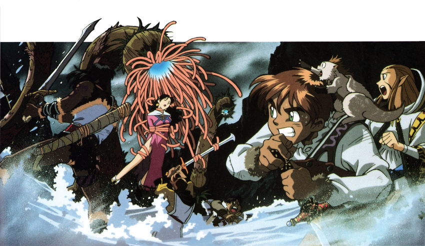 1990s_(style), 2girls, 4boys, alex_noah, aqua_eyes, bad_id, bad_pixiv_id, black_hair