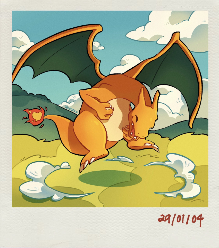 ^_^, animal_focus, charizard, closed_eyes, clouds, commentary, dated, day