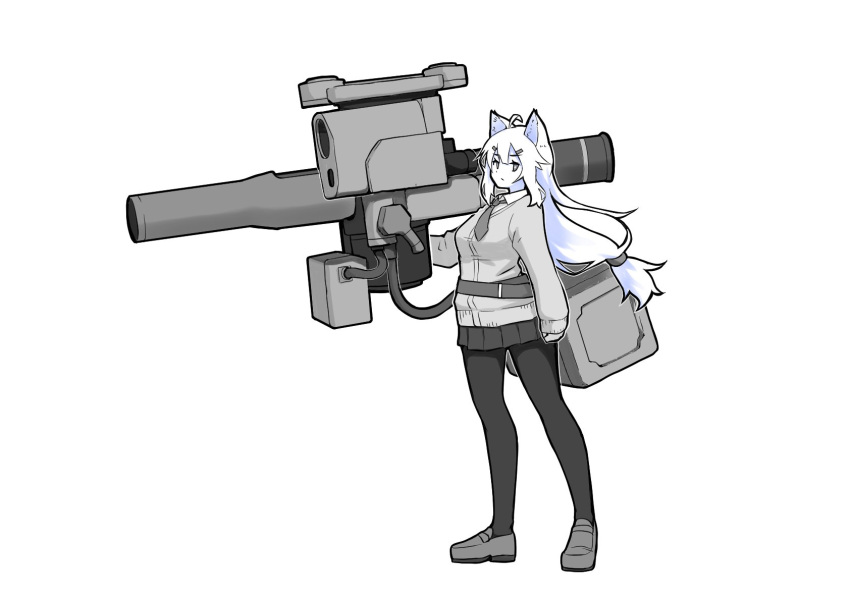 1girl, ahoge, animal_ears, belt, black_pantyhose, black_skirt, box, breasts, closed_mouth, collared_dress, collared_shirt, dot_mouth, dress, fox_ears, from_side, full_body, grey_eyes, grey_footwear, grey_necktie, grey_shirt, hair_between_eyes, hair_ornament, hair_tie, hairclip, highres, holding, holding_rocket_launcher, holding_weapon, huge_weapon, long_hair, long_sleeves, medium_breasts, necktie, original, pantyhose, rocket_launcher, shirt, sidelocks, skirt, solo, standing, tamamo_ozen, tow_atgm, very_long_hair, weapon, white_background, white_hair