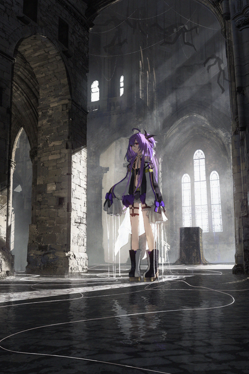 1girl, absurdres, altar, asteroid_ill, black_bow, black_footwear, bow, brick_wall