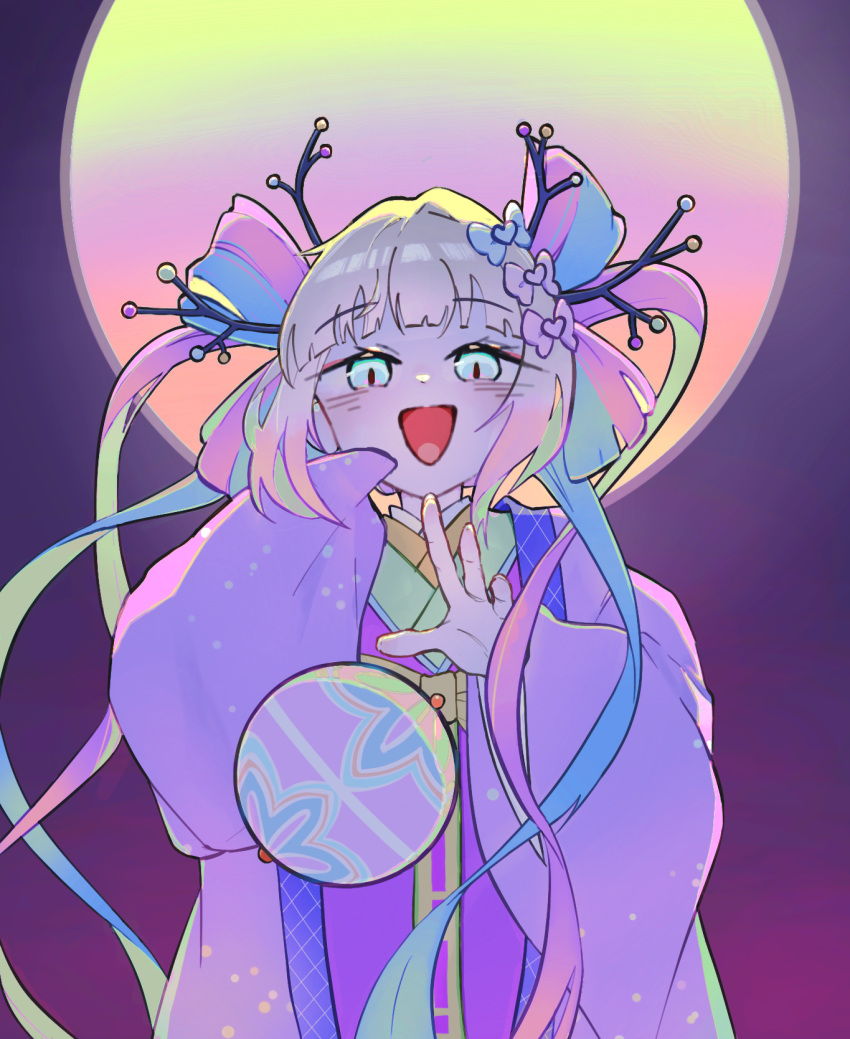 1girl, :d, ball, blonde_hair, blue_bow, blue_eyes, blue_hair, blunt_bangs