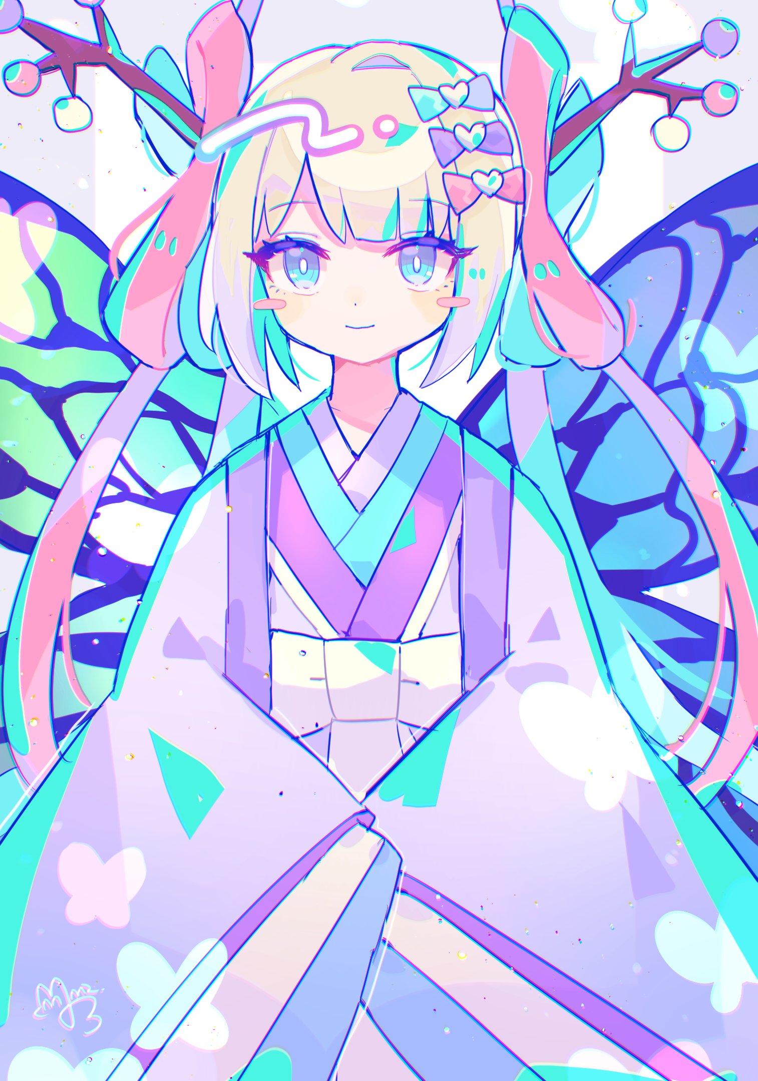 1girl, blonde_hair, blue_bow, blue_eyes, blue_hair, blue_wings, blush_stickers, bow