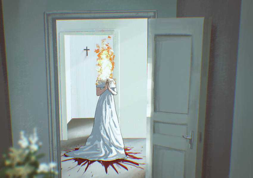 1girl, absurdres, blood, blood_on_ground, cross, door, dress, fire
