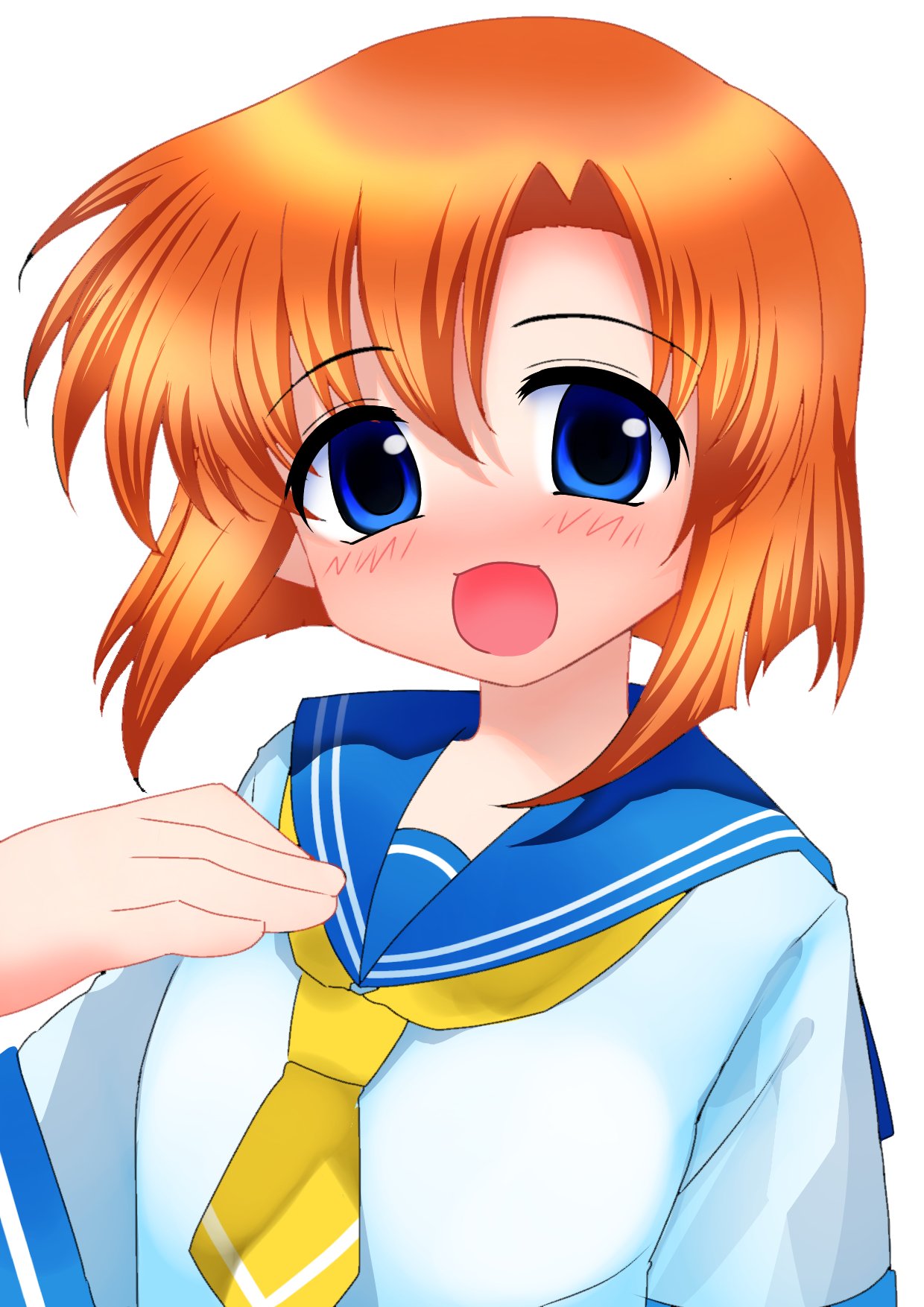 1girl, blue_eyes, blush, highres, higurashi_no_naku_koro_ni, ibispaint_(medium), looking_at_viewer, neckerchief, no_nose, official_style, open_mouth, orange_hair, parody, parted_bangs, ryuuguu_rena, ryuukishi07_(style), school_uniform, serafuku, short_hair, short_sleeves, sidelocks, smile, solo, style_parody, white_background, yasonomugi, yellow_neckerchief