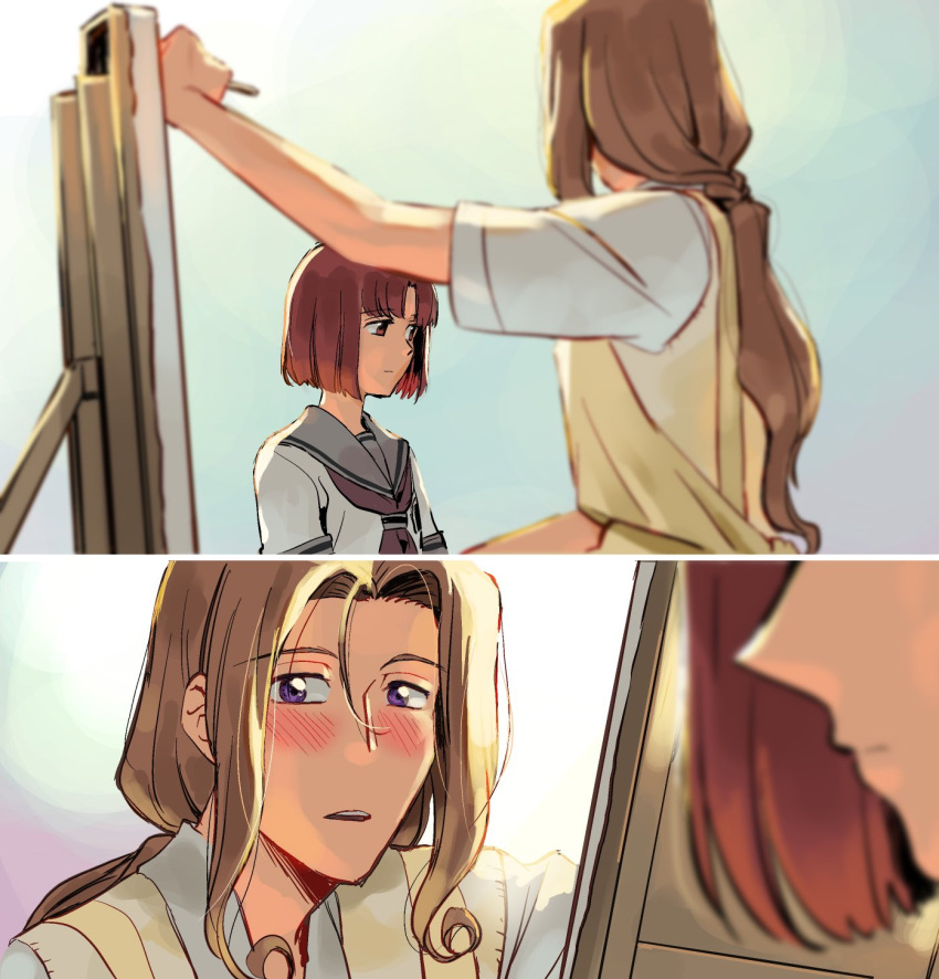 1boy, 1girl, apron, blush, bob_cut, brown_hair, easel, hetero, highres, long_hair, looking_at_another, low_ponytail, mihara_shiki, oshamanbe, parted_lips, pink_hair, protagonist_(tokimemo_gs), sailor_collar, school_uniform, short_sleeves, tokimeki_memorial, tokimeki_memorial_girl's_side, violet_eyes