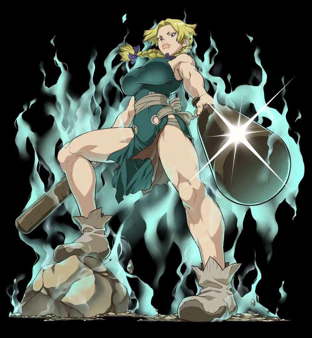 braid, dr._stone, dress, feather_trim, green_dress, hanada_nikki, muscular, muscular_female
