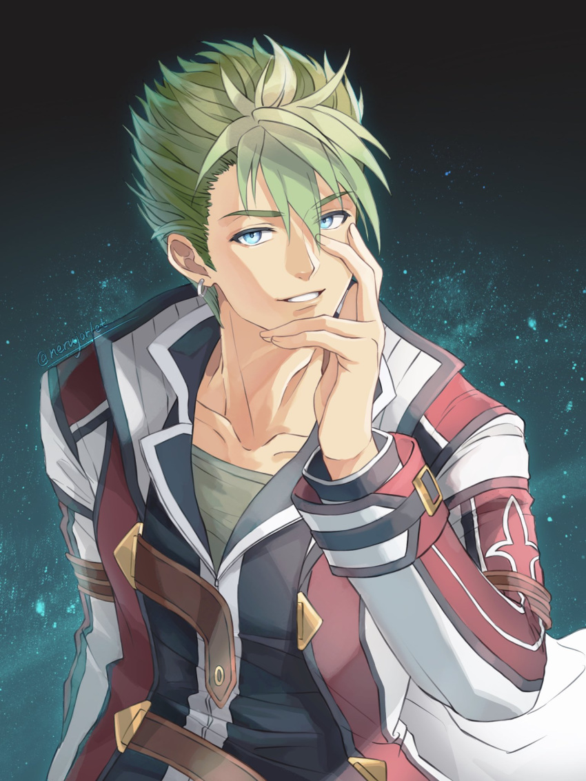 1boy, aqua_background, black_coat, blue_eyes, coat, collarbone, commentary_request, earrings