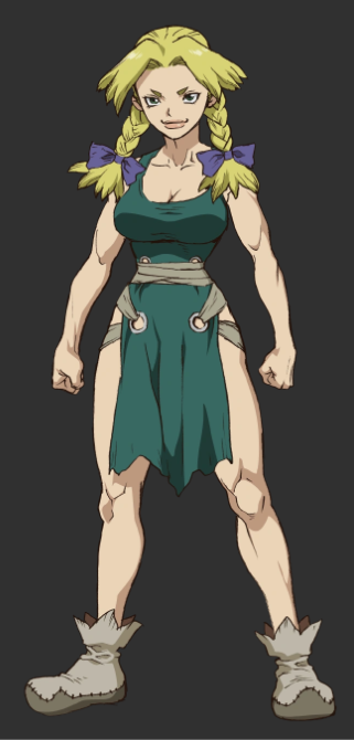 blonde_hair, braid, dr._stone, dress, feather_trim, green_dress, green_eyes, hanada_nikki