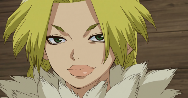 blonde_hair, braid, dr._stone, feather_trim, green_eyes, hanada_nikki, looking_at_viewer, muscular