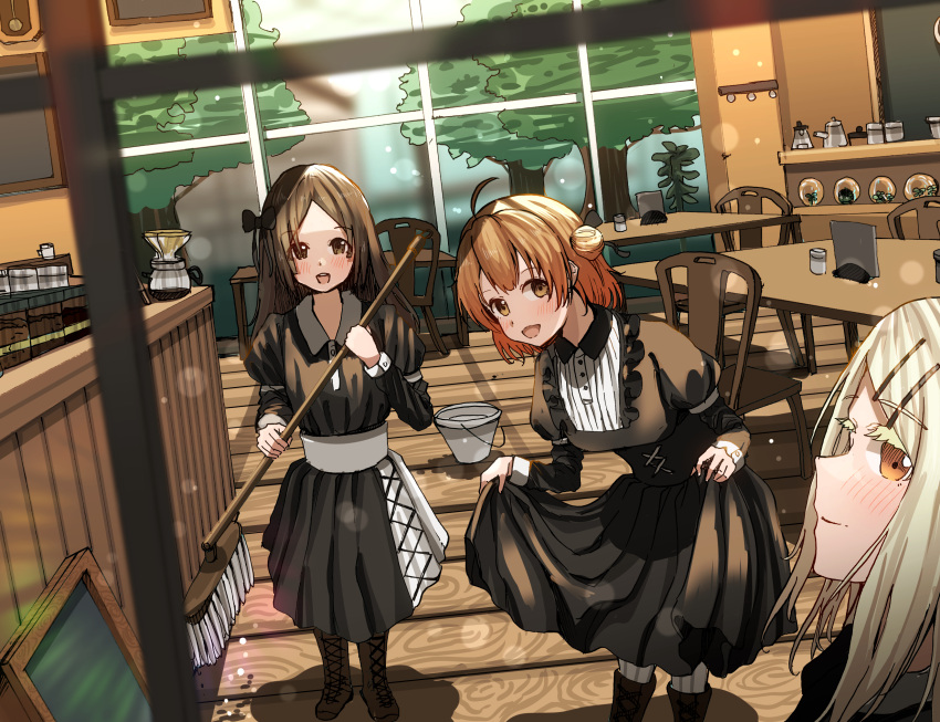 3girls, ahoge, black_dress, blush, brown_hair, cafe, coffee_pot, curtsey