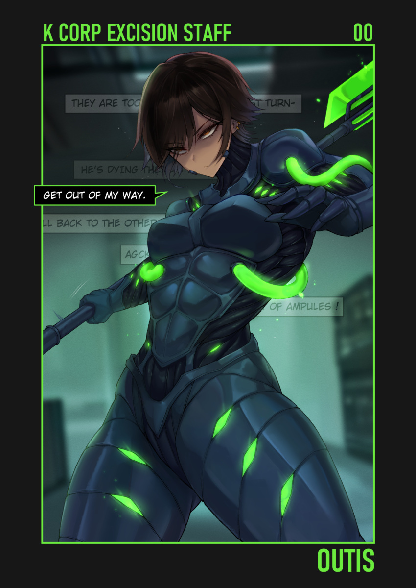 1girl, abs, black_bodysuit, bodysuit, character_name, dark-skinned_female, dark_skin, earrings, english_text, highres, jewelry, limbus_company, mature_eyes, multiple_earrings, muscular, muscular_female, official_alternate_costume, outis_(project_moon), project_moon, solo, speech_bubble, staff, tomboy, tresmarrow, tube
