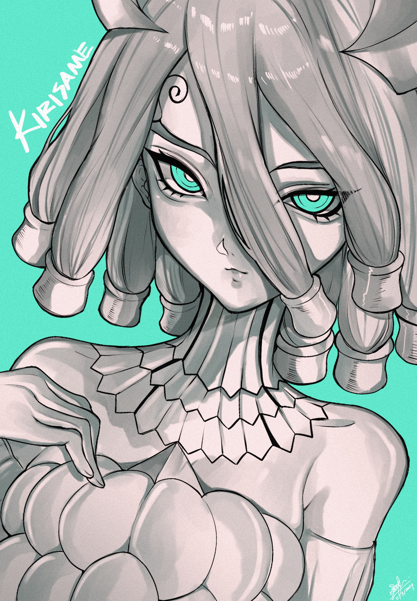 bare_shoulders, dr._stone, dress, green_eyes, hair_ornament, hand_on_own_chest, highres, impossible_clothes