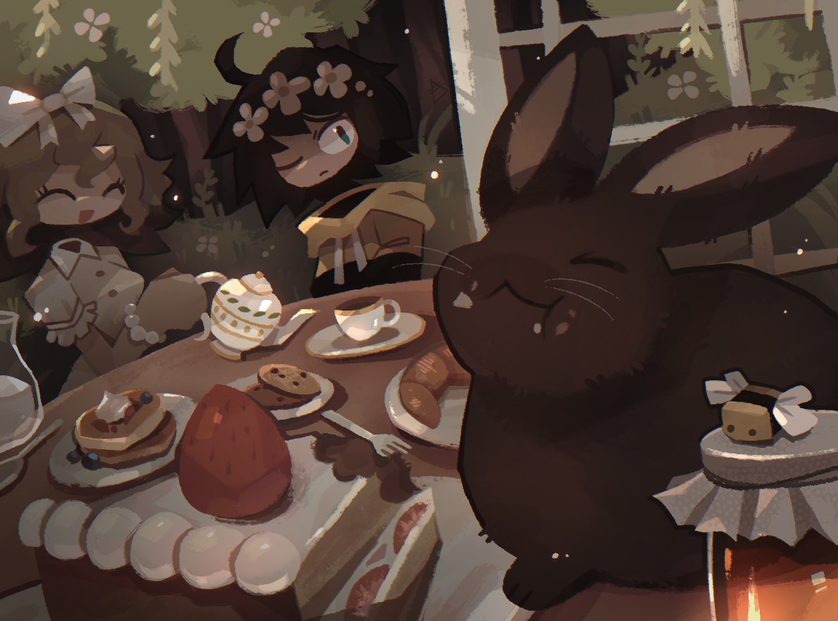 1boy, 1girl, animal, bead_bracelet, beads, bee, black_hoodie, blue_eyes, bow, bracelet, brown_hair, bug, buttons, cake, closed_eyes, closed_mouth, collared_shirt, cookie, croissant, cup, daniel_(fundamental_paper_education), english_commentary, flower, food, fork, frilled_sleeves, frills, fruit, fundamental_paper_education, hair_bow, head_wreath, holding, holding_teapot, hood, hoodie, jar, jewelry, kaaatie, looking_at_animal, milk, mug, multicolored_clothes, multicolored_hoodie, no_neck, official_art, one_eye_closed, outdoors, pancake, plate, rabbit, shirt, smile, sofia_(fundamental_paper_education), spoon, strawberry, strawberry_shortcake, teapot, tree, white_bow, white_flower, white_shirt, yellow_hoodie