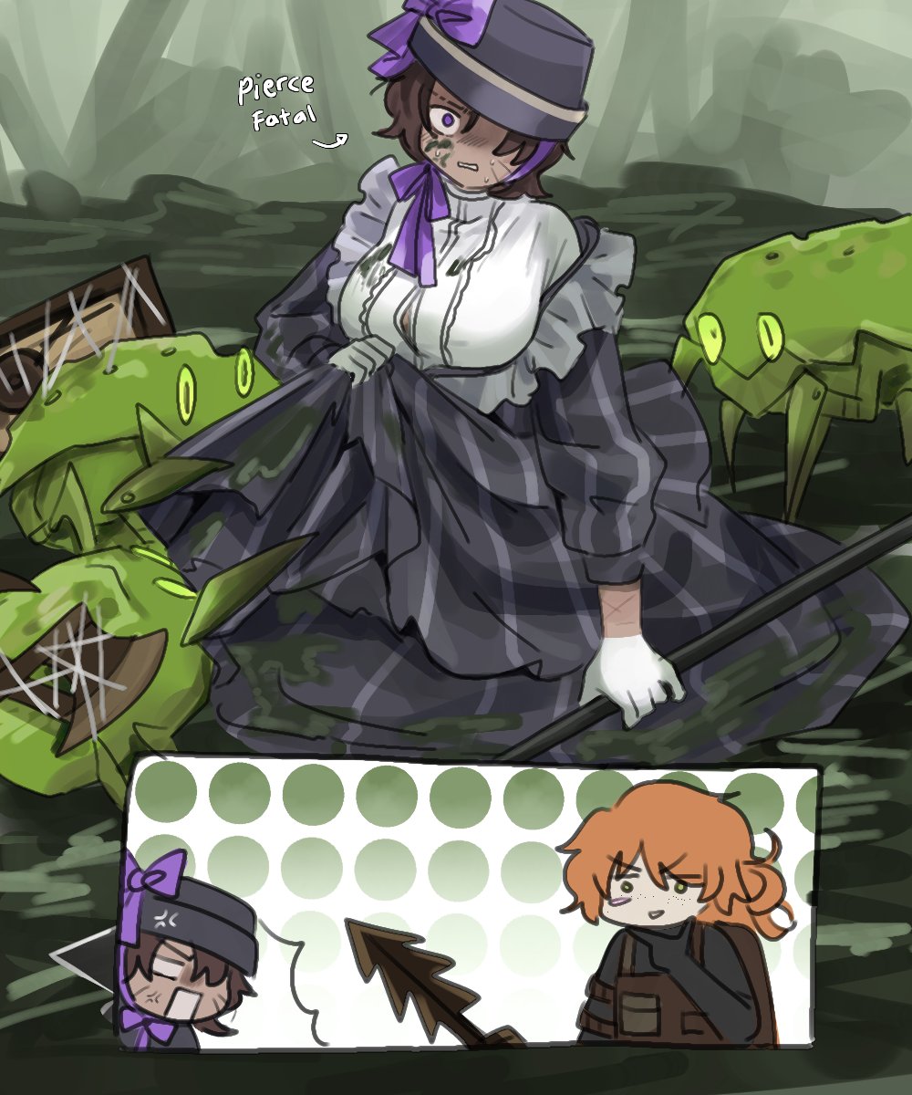 1boy, 1girl, black_bodysuit, black_hat, bodysuit, breasts, brown_hair, chin_strap, crab, dirty, dirty_clothes, dress, genderswap, genderswap_(ftm), genderswap_(mtf), green_eyes, grey_dress, hand_up, harpoon, hat, heathcliff_(project_moon), highres, holding, holding_polearm, holding_weapon, huge_breasts, ishmael_(project_moon), limbus_company, ngancurindunia, open_mouth, orange_hair, polearm, project_moon, recursive_genderswap, short_hair, smile, trash_crab_(project_moon), violet_eyes, weapon