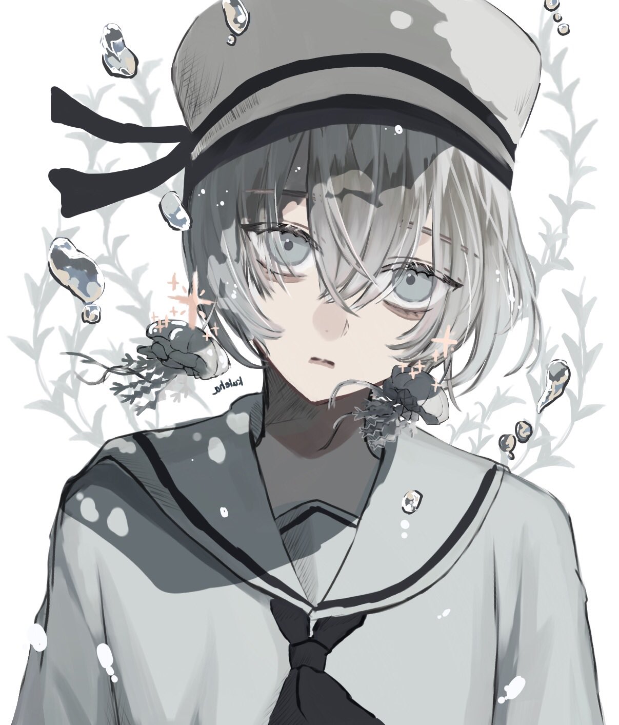 1boy, artist_name, commentary_request, grey_eyes, hat, highres, jellyfish, kuleha_s