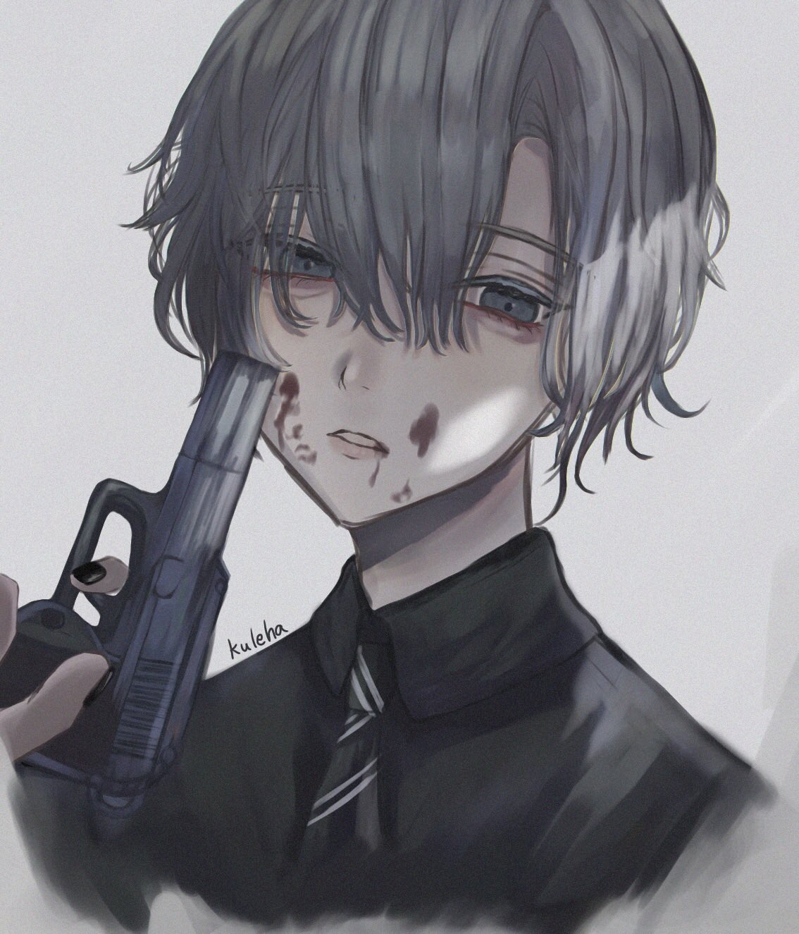 1boy, androgynous, artist_name, blood, blood_on_face, collared_shirt, commentary_request, grey_eyes