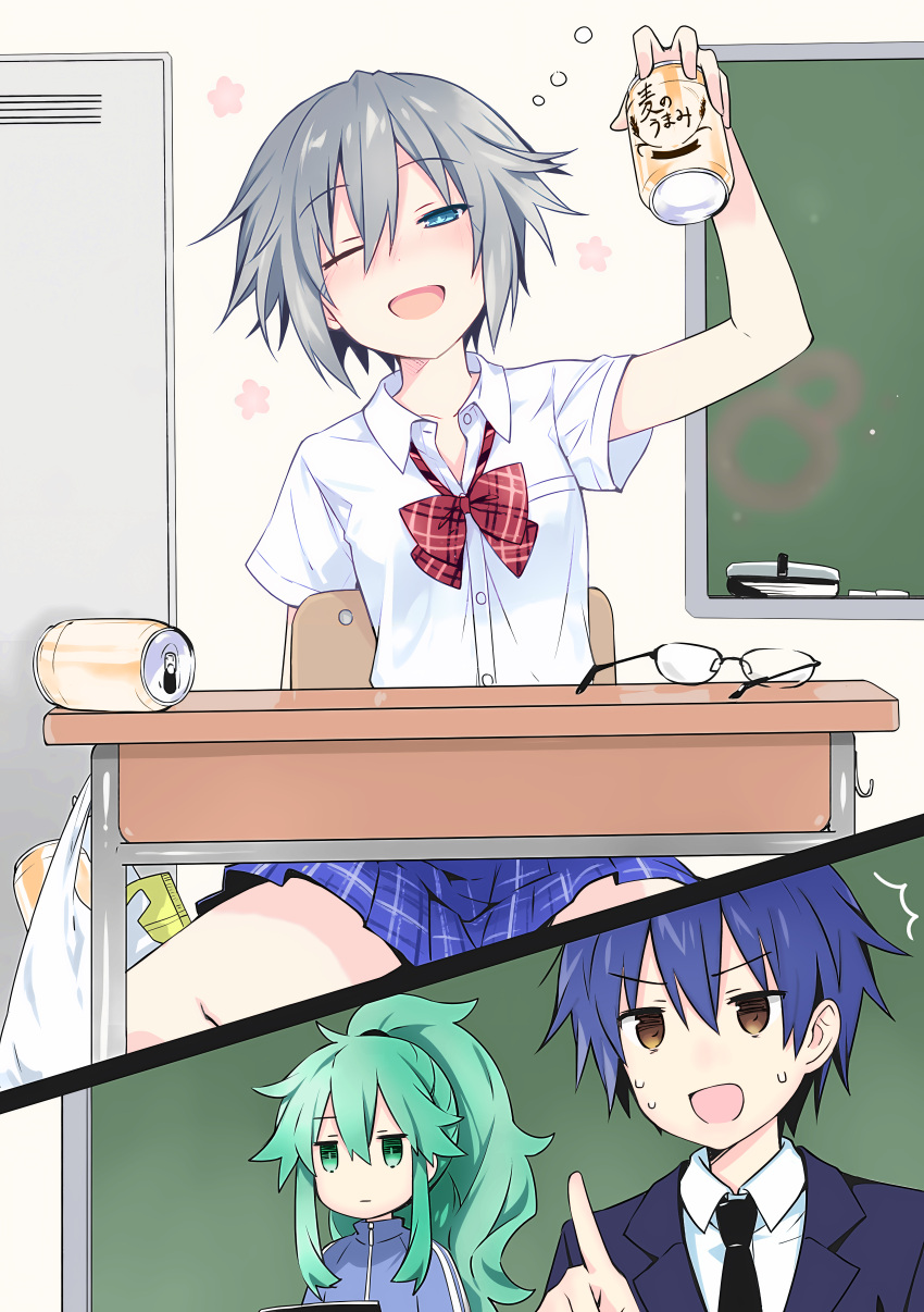 1boy, 2girls, absurdres, black_necktie, blue_eyes, blue_hair, blue_skirt, can