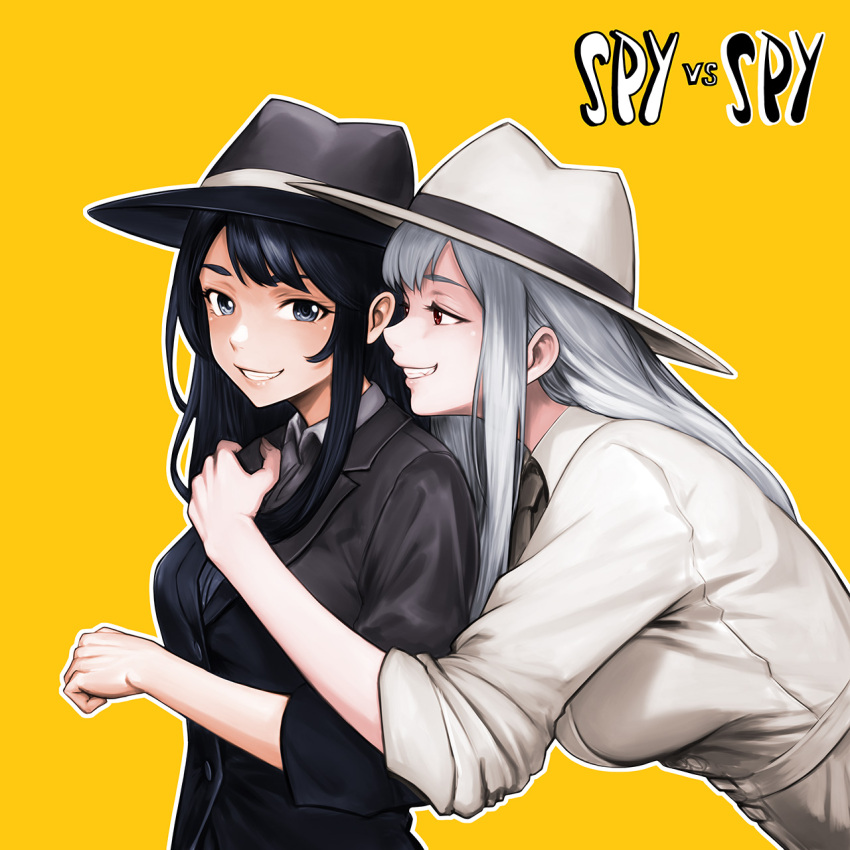 2girls, black_hair, black_hat, black_jacket, black_necktie, black_spy, buttons, copyright_name