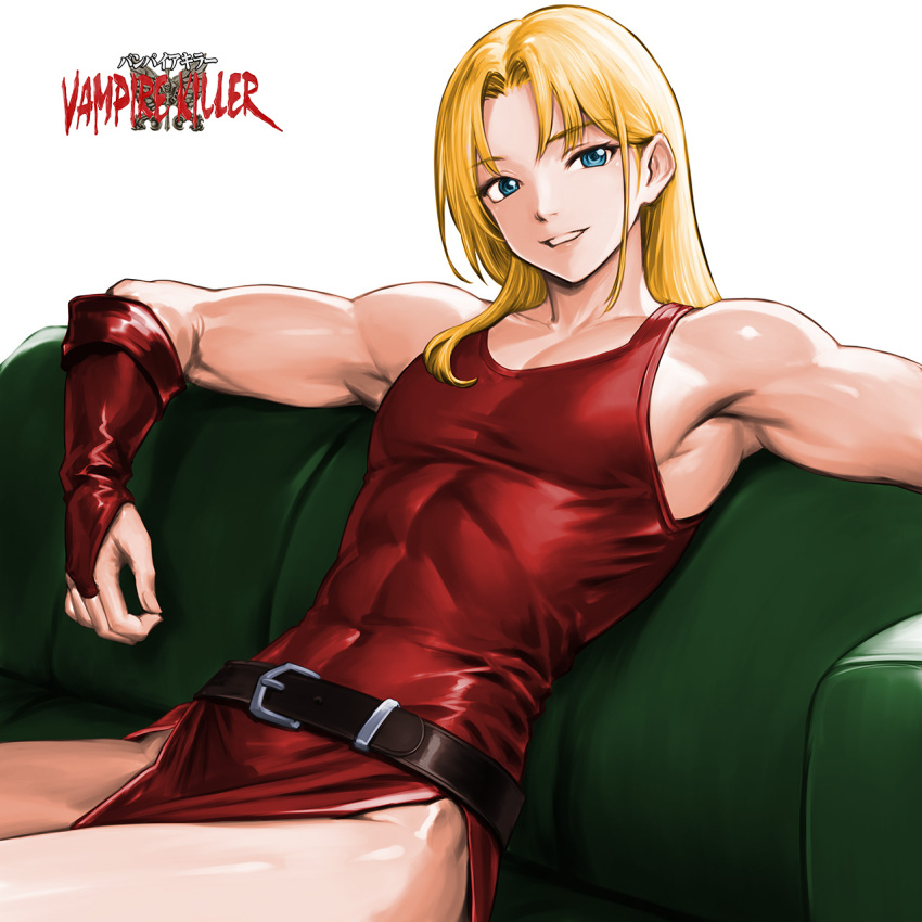 1boy, bare_shoulders, belt, belt_buckle, black_belt, blonde_hair, blue_eyes, bridal_gauntlets