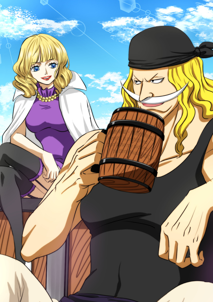 1boy, 1girl, aged_down, bandana, black_bandana, black_eyes, black_tank_top, blonde_hair, blue_eyes, blunt_bangs, buckingham_stussy, clouds, cloudy_sky, commentary_request, cup, edward_newgate, facial_hair, highres, holding, holding_cup, lips, lipstick, long_hair, makeup, musasabiop, mustache, one_piece, open_mouth, outdoors, red_lips, short_hair, sky, sleeveless, smile, tank_top