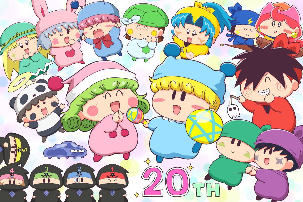 >_<, 5girls, 6+boys, ^_^, akumi, aqua_hair, bandana, black_hair