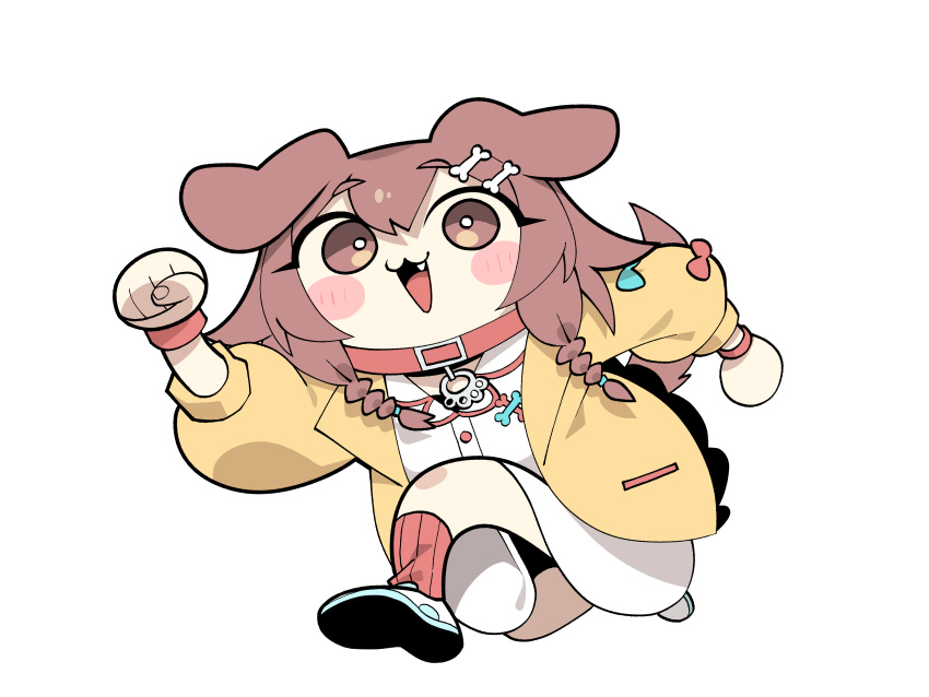 1girl, :3, :d, absurdres, animal_ears, blush, bone_hair_ornament, braid, brown_eyes, brown_hair, chibi, clenched_hands, cocomayo29_(tomato), collar, commentary_request, dog_ears, dog_girl, dog_tail, fang, full_body, hair_ornament, highres, hololive, inugami_korone, inugami_korone_(1st_costume), jacket, korean_commentary, long_hair, long_sleeves, looking_at_viewer, red_collar, red_socks, red_wristband, simple_background, smile, socks, solo, tail, twin_braids, virtual_youtuber, white_background, yellow_jacket