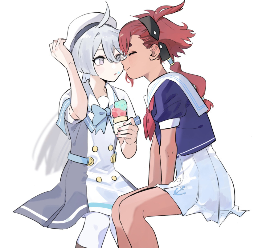 2girls, arm_up, black_hairband, blue_shirt, closed_eyes, closed_mouth, contemporary, dark-skinned_female