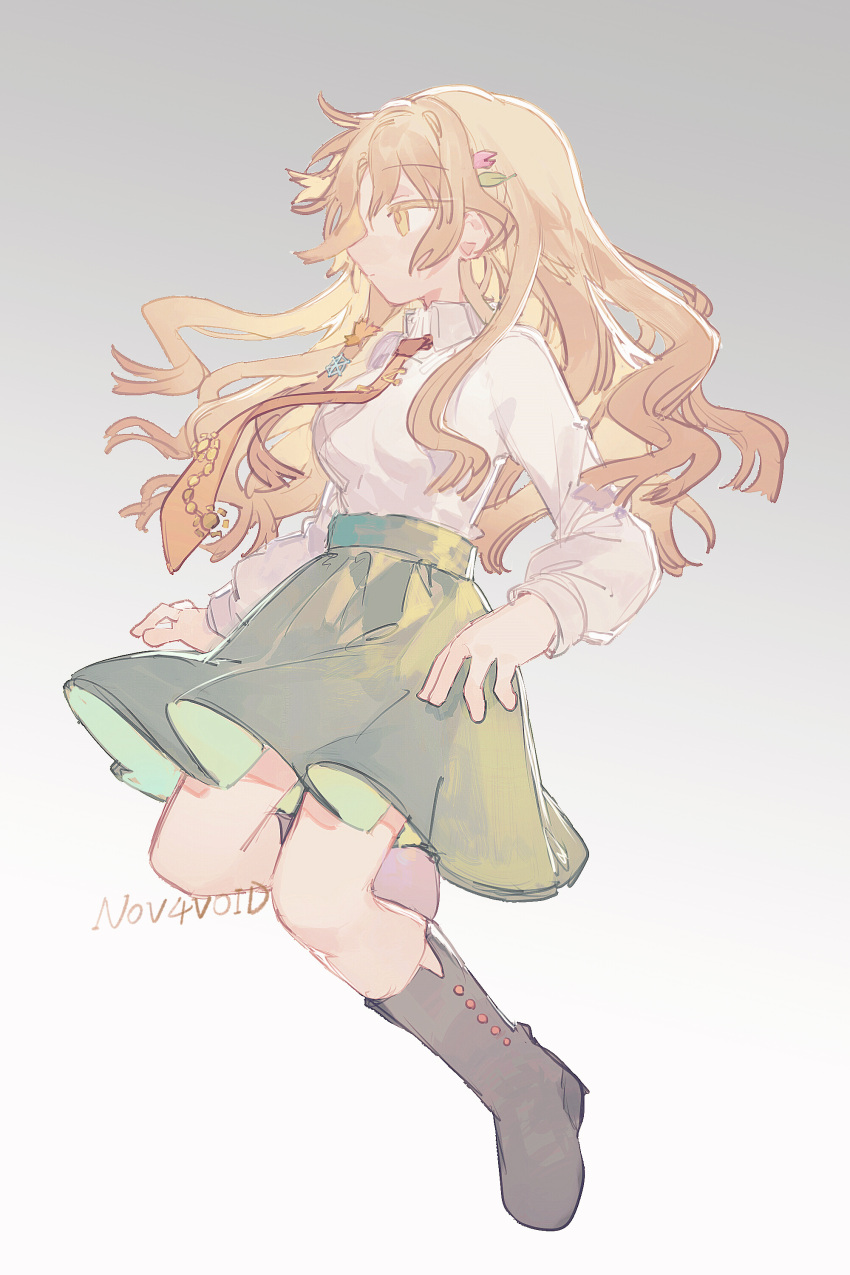 1girl, absurdres, artist_name, black_footwear, blonde_hair, breasts, closed_mouth, collared_shirt, expressionless, floating, full_body, gradient_background, green_skirt, grey_background, hair_ornament, highres, kyuutame, large_breasts, leaf_hair_ornament, long_hair, long_sleeves, looking_to_the_side, maple_leaf_hair_ornament, matara_okina, multicolored_background, necktie, orange_necktie, profile, puffy_sleeves, romaji_commentary, shirt, skirt, solo, spider_web_hair_ornament, touhou, two-tone_background, watermark, white_background, white_shirt, white_sleeves, yellow_eyes