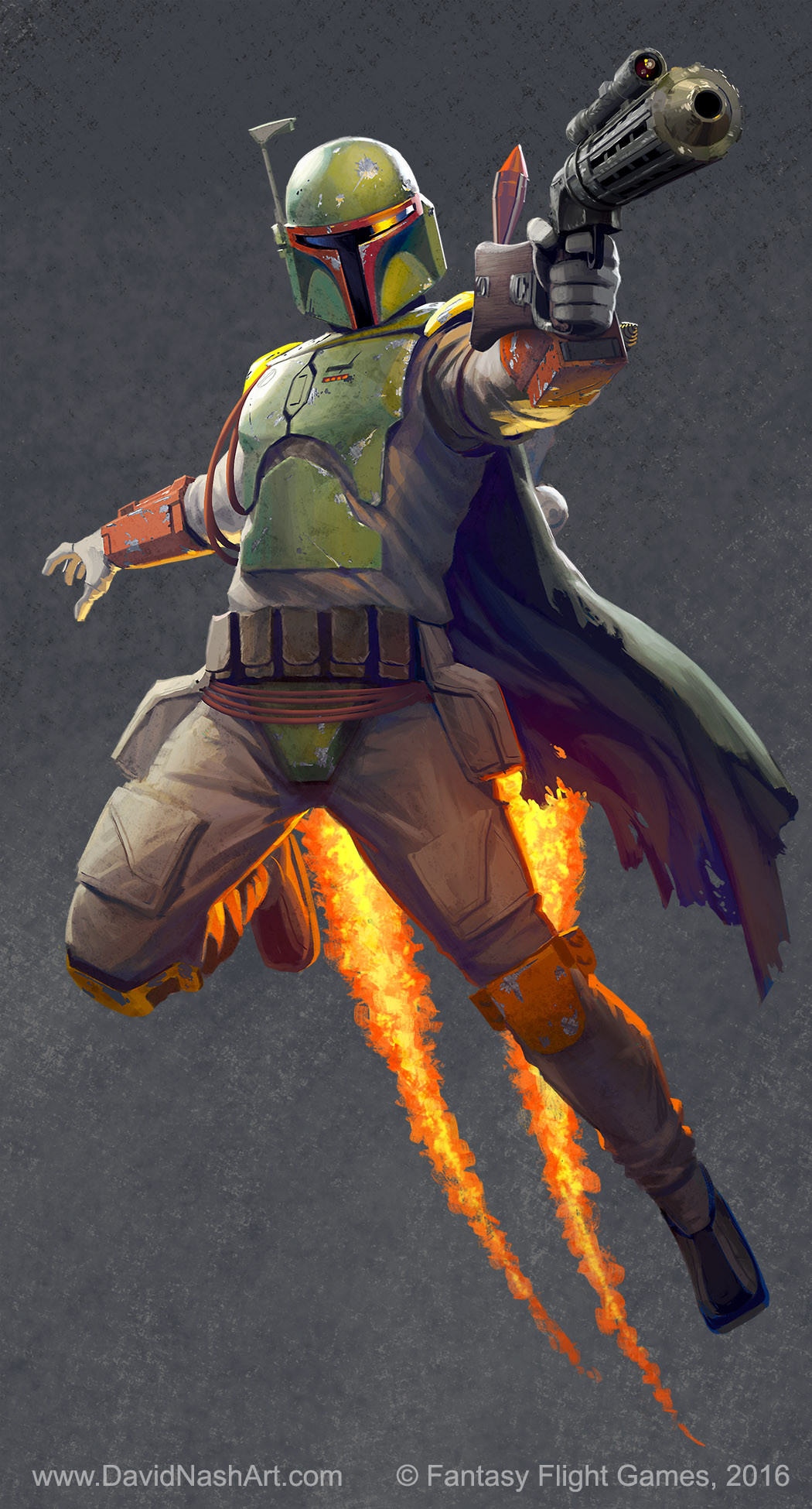 1boy, armor, artist_name, boba_fett, boots, breastplate, cape, david_auden_nash, english_text, fire, full_body, green_cape, grey_background, grey_pants, gun, highres, holding, holding_gun, holding_weapon, jetpack, mandalorian, mandalorian_armor, mandalorian_helmet, pants, solo, star_wars, torn_cape, torn_clothes, weapon, web_address