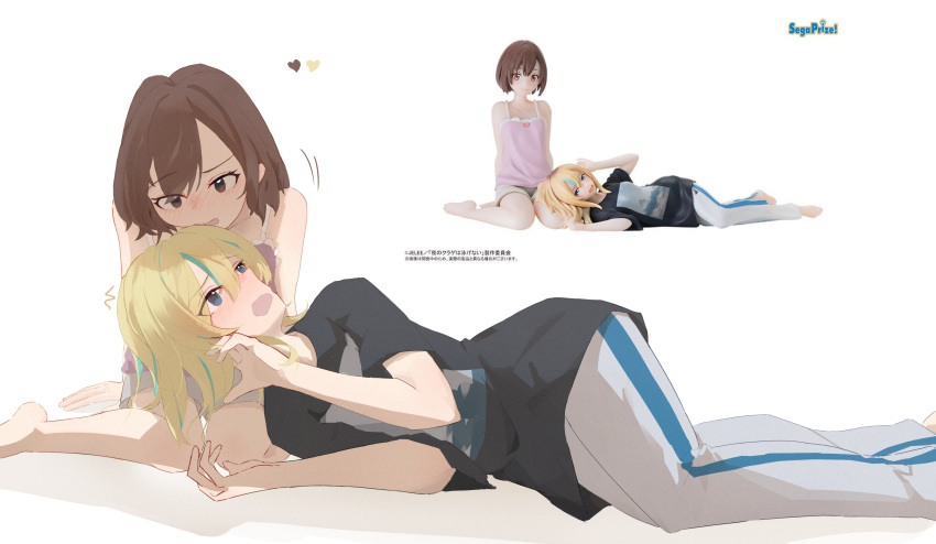 2girls, absurdres, barefoot, black_shirt, blonde_hair, blue_eyes, blush, brown_eyes