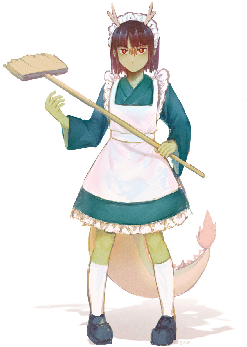 1girl, alternate_costume, anak_zahard, apron, blue_footwear, blunt_bangs, blunt_ends, broom
