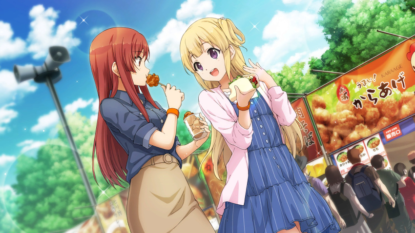 22/7, 22/7_ongaku_no_jikan, 2girls, blonde_hair, blue_dress, blue_jacket, blue_sky, blurry